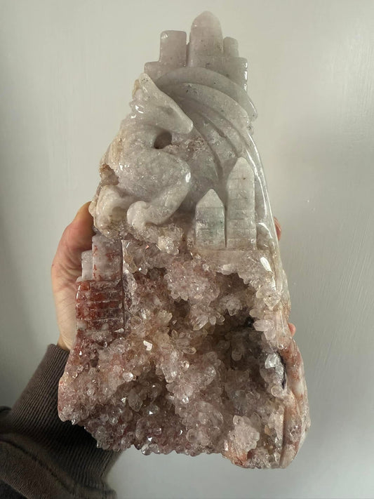 Pink Amethyst Dragon Castle Carving