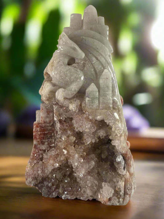 Pink Amethyst Dragon Castle Carving