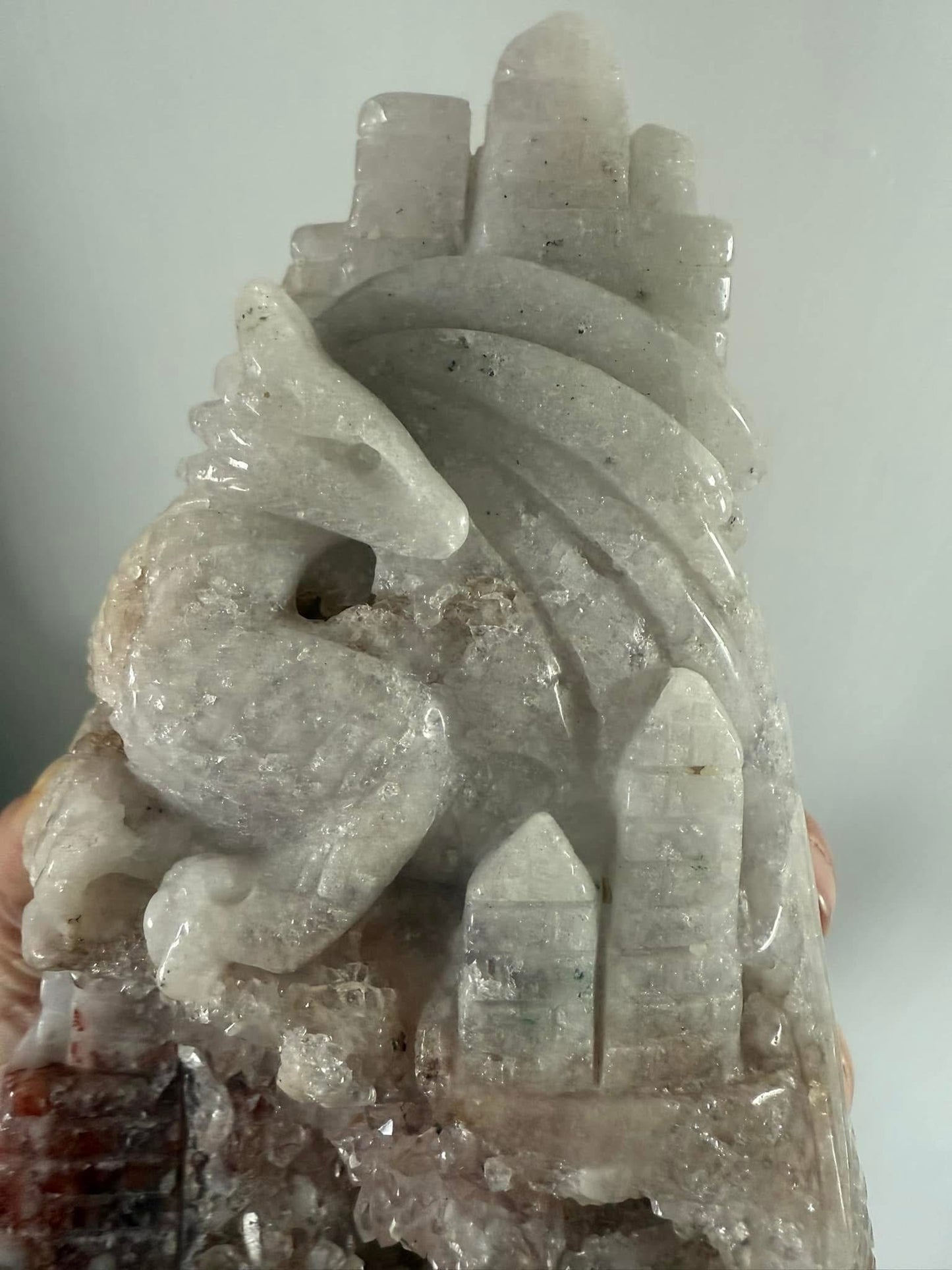 Pink Amethyst Dragon Castle Carving
